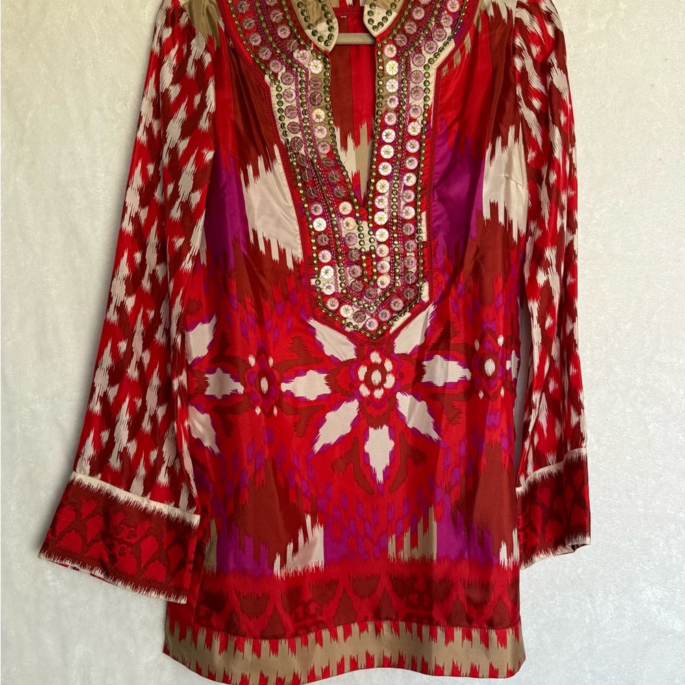 Tory Burch Red Embellished Long Sleeve Tunic